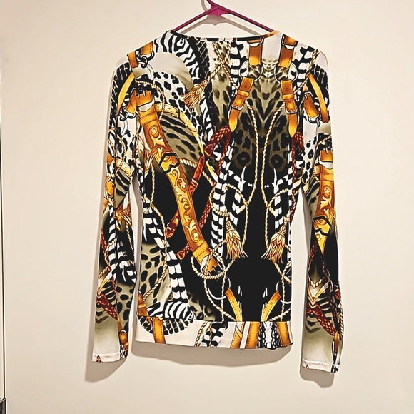 ELYSSE 26 equestrian feathers straps animal print top tunic brown green Sm. EUC - Picture 4 of 9